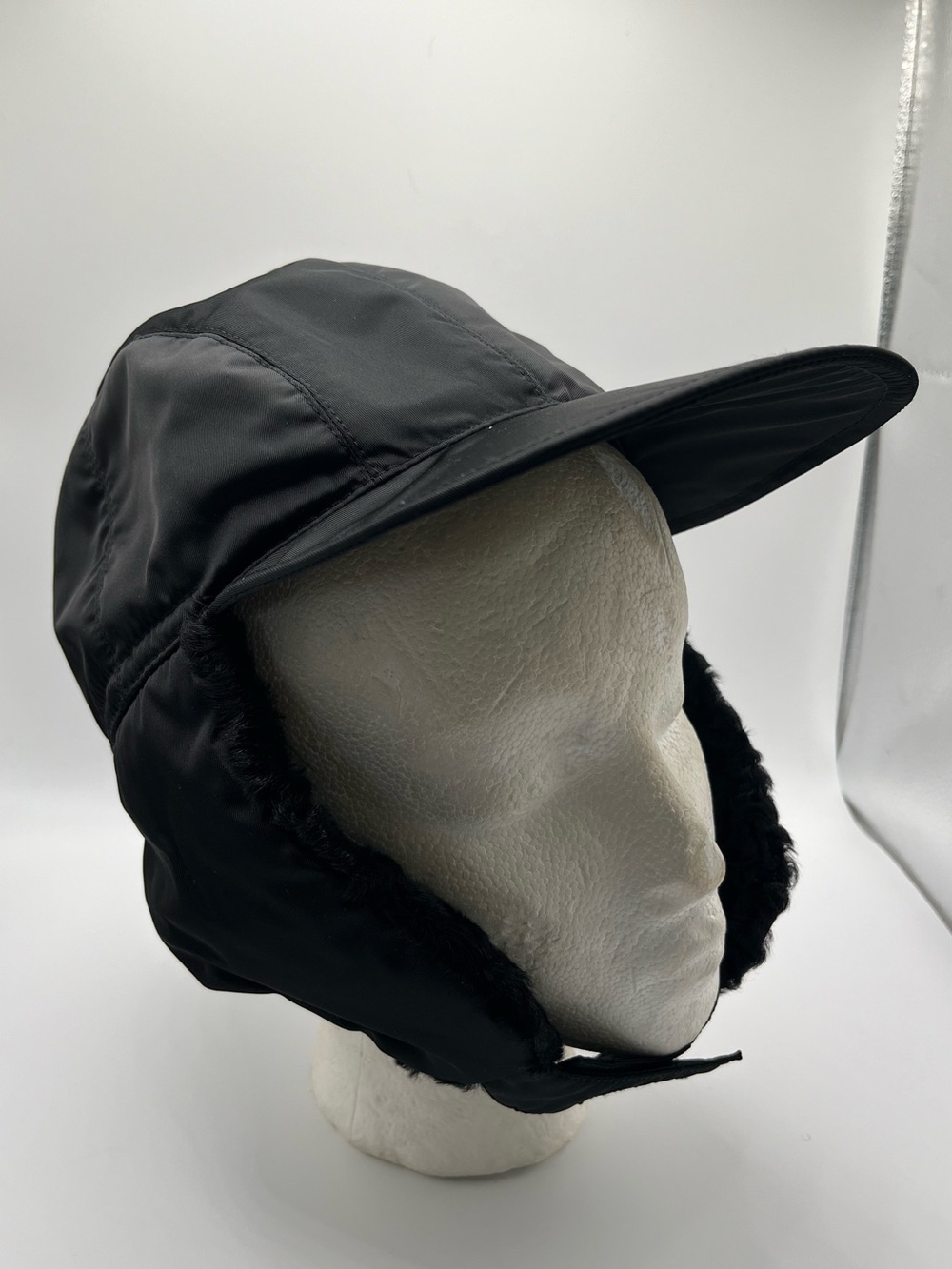 Prada Unisex Mens Wonens Vintage FW 1998 Lamb Fur Nylon Trapper Hat Black L